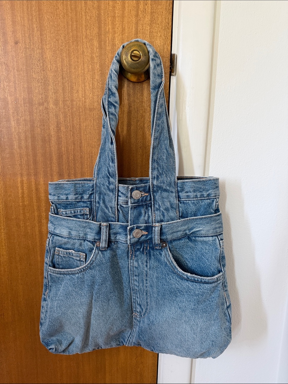Zara Light Blue Denim Reworked Tote with Double Straps